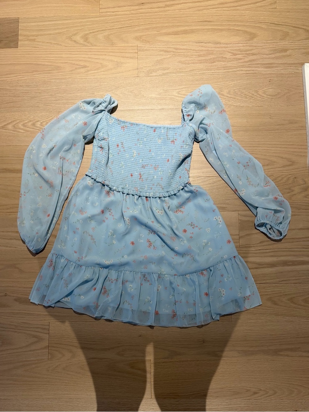 Aritzia Light Blue Floral Smocked Midi Dress with Puff Sleeves